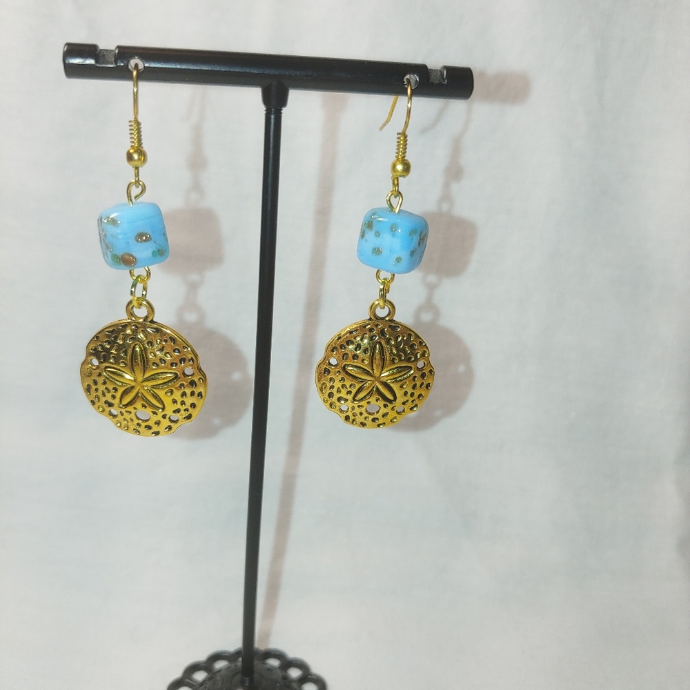 Gold Sand Dollar & Glass Bead Earrings
